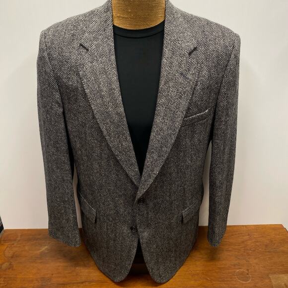 Towncraft 100% Shetland Wool Gray Herringbone Men 44L Blazer 2 Button Sport Coat - Picture 11 of 11